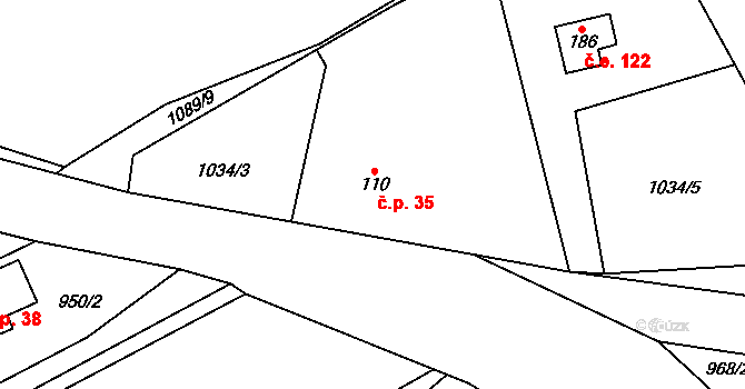 Lensedly 35, Kaliště na parcele st. 110 v KÚ Lensedly, Katastrální mapa