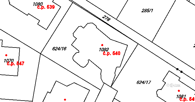 Kamenice 540 na parcele st. 1092 v KÚ Těptín, Katastrální mapa