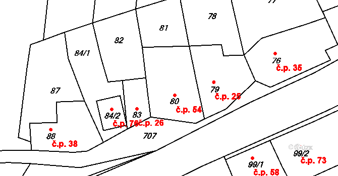 Olbramice 54 na parcele st. 80 v KÚ Olbramice u Vilémova, Katastrální mapa