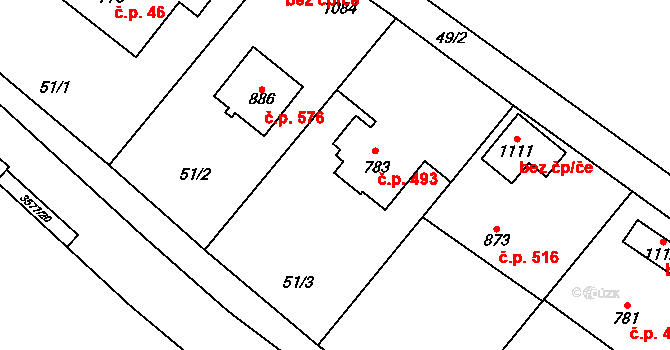Valašská Bystřice 493 na parcele st. 783 v KÚ Valašská Bystřice, Katastrální mapa