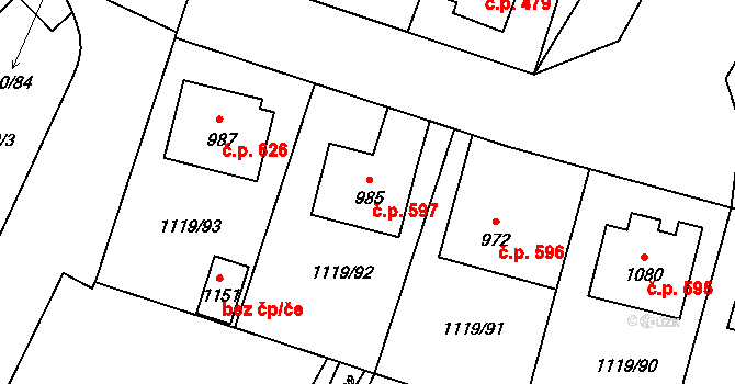 Mladá Vožice 597 na parcele st. 985 v KÚ Mladá Vožice, Katastrální mapa