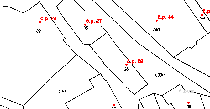Račice nad Trotinou 28 na parcele st. 36 v KÚ Račice nad Trotinou, Katastrální mapa