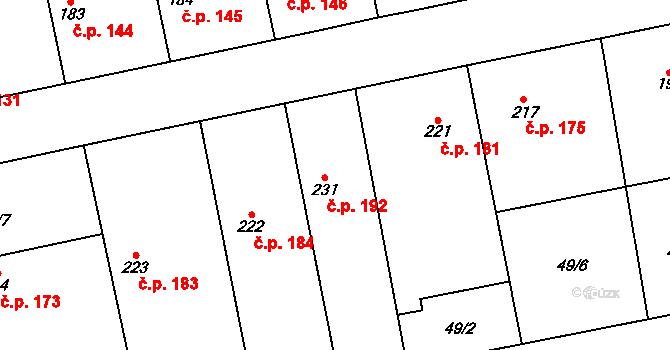 Dymokury 192 na parcele st. 231 v KÚ Dymokury, Katastrální mapa