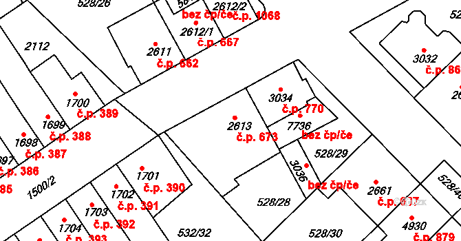 Borovina 673, Třebíč na parcele st. 2613 v KÚ Třebíč, Katastrální mapa