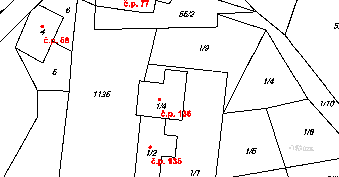 Bzí 136, Železný Brod na parcele st. 1/4 v KÚ Bzí u Železného Brodu, Katastrální mapa