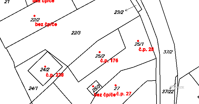 Hudcov 176, Teplice na parcele st. 25/2 v KÚ Hudcov, Katastrální mapa