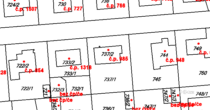 Kyje 985, Praha na parcele st. 737/2 v KÚ Kyje, Katastrální mapa