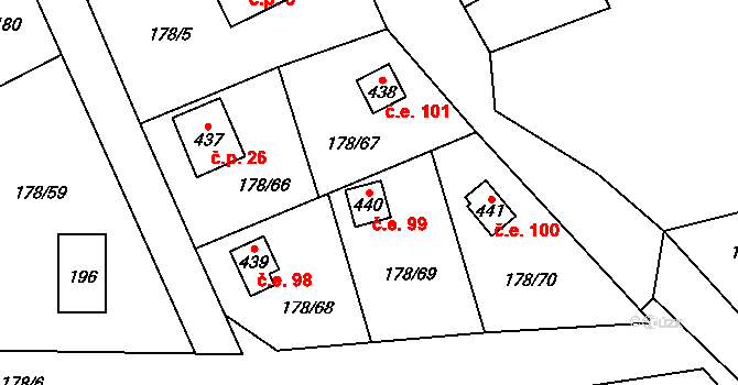 Lhotka 99, Svinaře na parcele st. 440 v KÚ Svinaře, Katastrální mapa