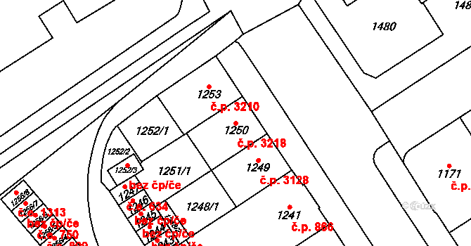 Chomutov 3218 na parcele st. 1250 v KÚ Chomutov I, Katastrální mapa