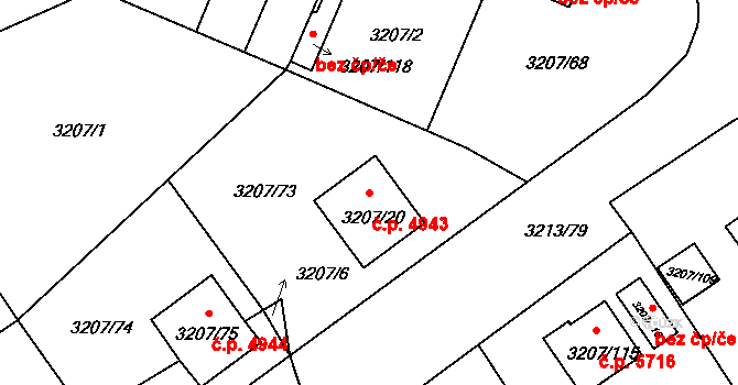 Chomutov 4943 na parcele st. 3207/20 v KÚ Chomutov II, Katastrální mapa