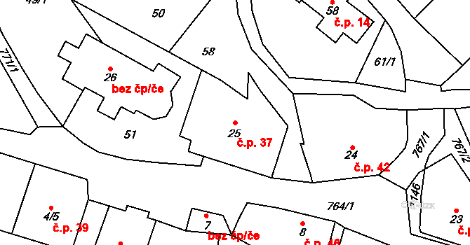 Těchlovice 37 na parcele st. 25 v KÚ Těchlovice nad Labem, Katastrální mapa