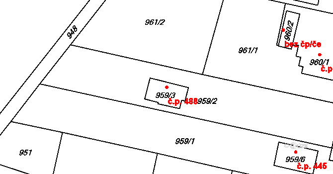 Řepiště 488 na parcele st. 959/3 v KÚ Řepiště, Katastrální mapa