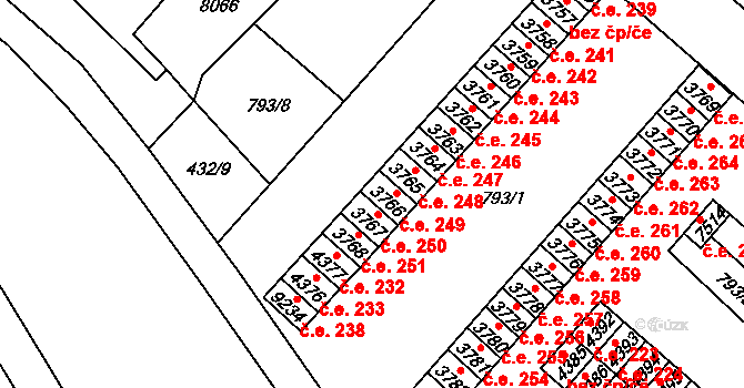 Hodonín 249 na parcele st. 3766 v KÚ Hodonín, Katastrální mapa