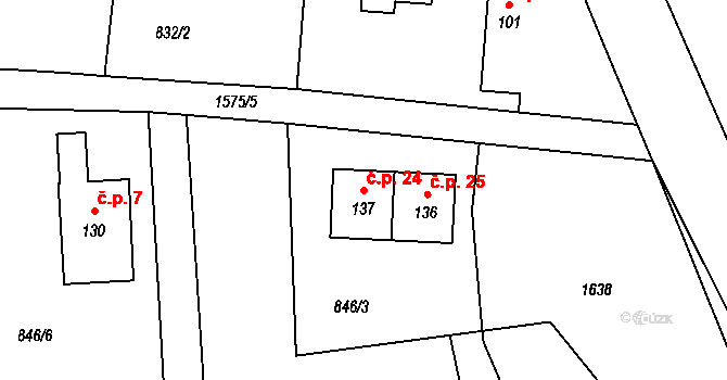 Opřetice 24, Bystřice na parcele st. 137 v KÚ Jinošice, Katastrální mapa