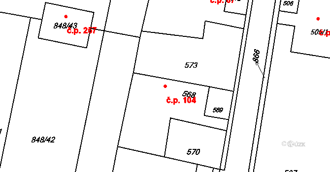 Děhylov 104 na parcele st. 568 v KÚ Děhylov, Katastrální mapa