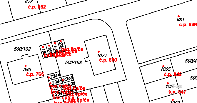 Bojkovice 850 na parcele st. 1077 v KÚ Bojkovice, Katastrální mapa
