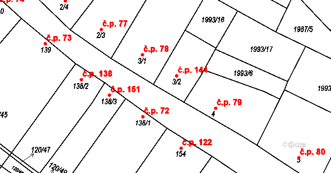 Drysice 144 na parcele st. 3/2 v KÚ Drysice, Katastrální mapa