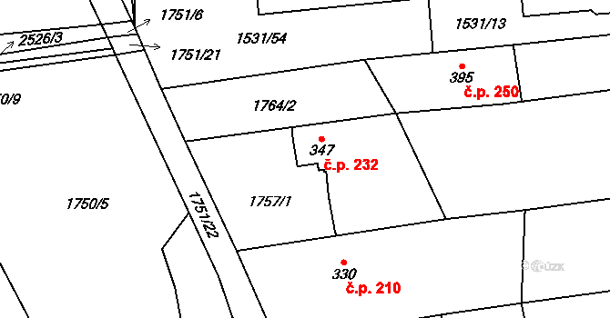 Klenčí pod Čerchovem 232 na parcele st. 347 v KÚ Klenčí pod Čerchovem, Katastrální mapa