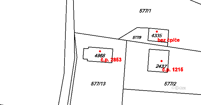 Rožnov pod Radhoštěm 2853 na parcele st. 4968 v KÚ Rožnov pod Radhoštěm, Katastrální mapa