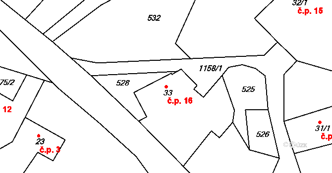 Jílovec 16, Fulnek na parcele st. 33 v KÚ Jílovec, Katastrální mapa