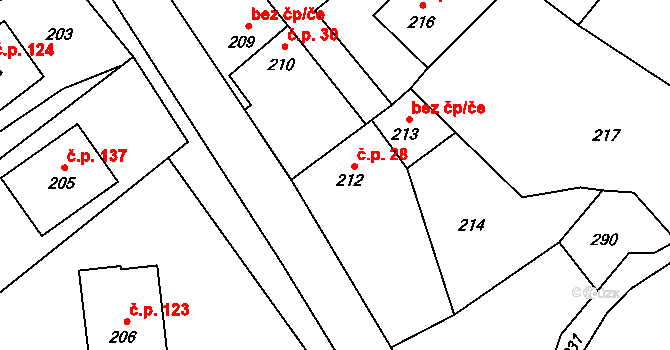 Olbramice 28 na parcele st. 212 v KÚ Olbramice, Katastrální mapa
