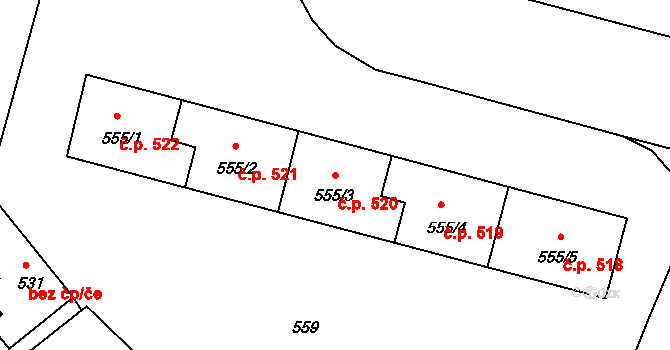 Kamenice nad Lipou 520 na parcele st. 555/3 v KÚ Kamenice nad Lipou, Katastrální mapa
