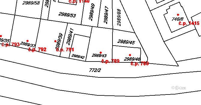 Holešov 789 na parcele st. 2989/43 v KÚ Holešov, Katastrální mapa