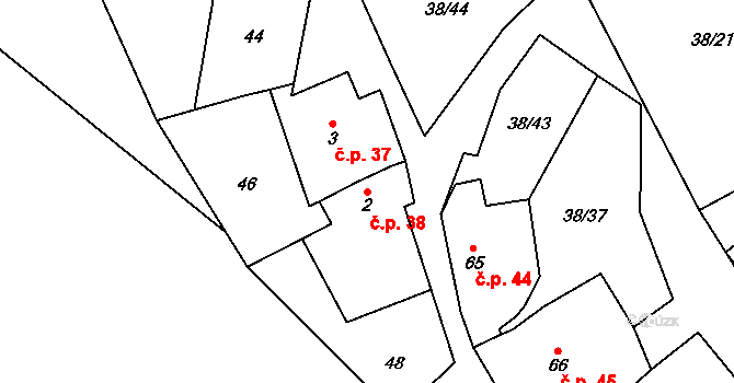 Podmolí 38 na parcele st. 2 v KÚ Podmolí, Katastrální mapa