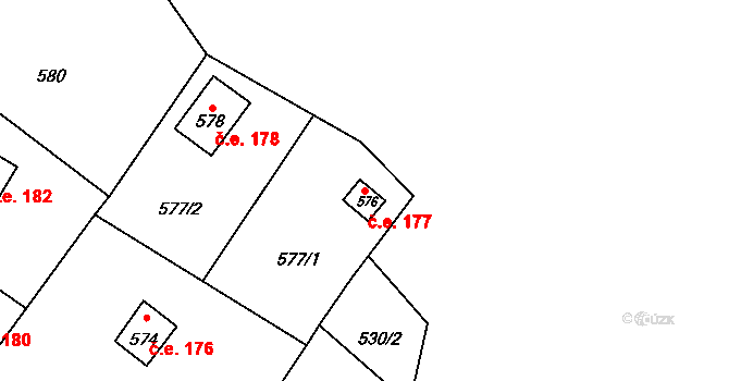 Březina 177 na parcele st. 576 v KÚ Březina u Tišnova, Katastrální mapa