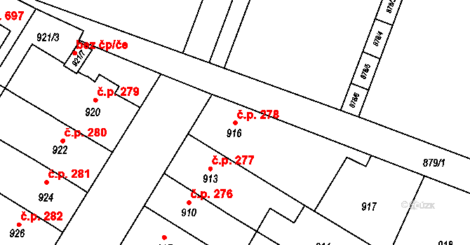 Hrušovany u Brna 278 na parcele st. 916 v KÚ Hrušovany u Brna, Katastrální mapa