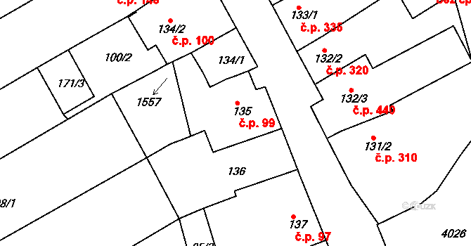 Milotice 99 na parcele st. 135 v KÚ Milotice u Kyjova, Katastrální mapa