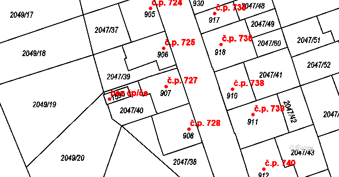 Polná 727 na parcele st. 907 v KÚ Polná, Katastrální mapa