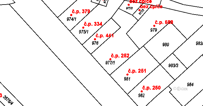 Vyškov-Předměstí 252, Vyškov na parcele st. 977/1 v KÚ Vyškov, Katastrální mapa