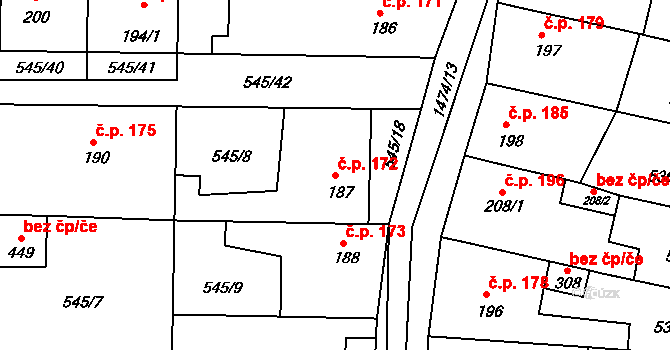 Tetín 172 na parcele st. 187 v KÚ Tetín u Berouna, Katastrální mapa