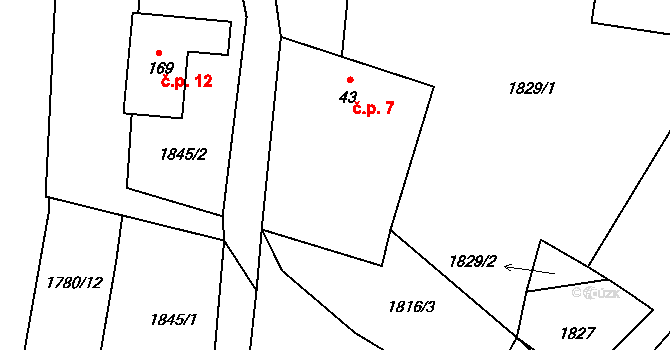 Hrušov 7, Žimutice na parcele st. 43 v KÚ Žimutice, Katastrální mapa