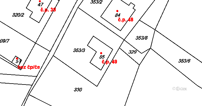 Zářecká Lhota 49 na parcele st. 85 v KÚ Zářecká Lhota, Katastrální mapa