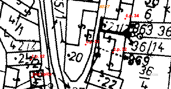 Škvořetice 33 na parcele st. 20 v KÚ Škvořetice, Katastrální mapa