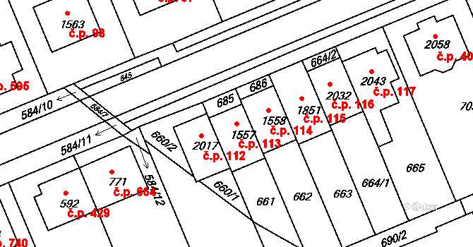 Týn 113, Třebíč na parcele st. 1557 v KÚ Podklášteří, Katastrální mapa