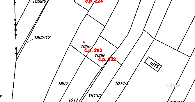 Pisárky 222, Brno na parcele st. 1609 v KÚ Pisárky, Katastrální mapa