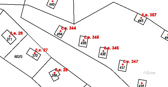 Dřenice 345, Cheb na parcele st. 439 v KÚ Dřenice u Chebu, Katastrální mapa