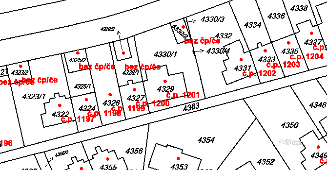 Záběhlice 1201, Praha na parcele st. 4329 v KÚ Záběhlice, Katastrální mapa