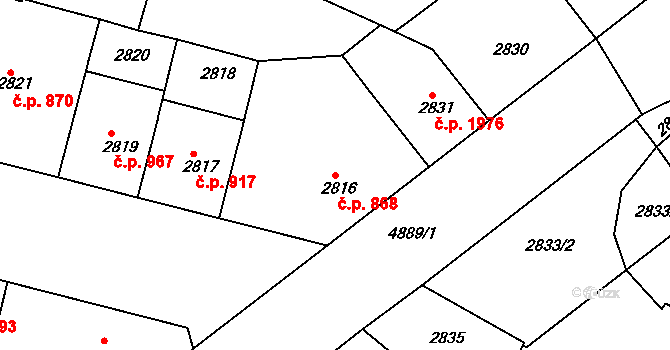 Smíchov 868, Praha na parcele st. 2816 v KÚ Smíchov, Katastrální mapa