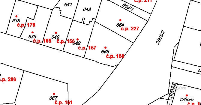 Hostivař 158, Praha na parcele st. 665 v KÚ Hostivař, Katastrální mapa