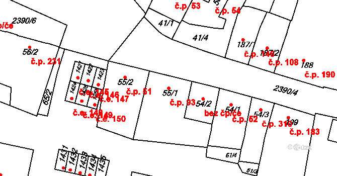 Rosice 93 na parcele st. 55/1 v KÚ Rosice u Brna, Katastrální mapa