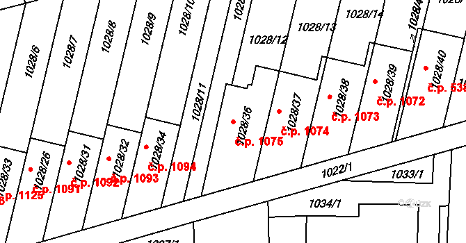 Šumbark 1075, Havířov na parcele st. 1028/36 v KÚ Šumbark, Katastrální mapa