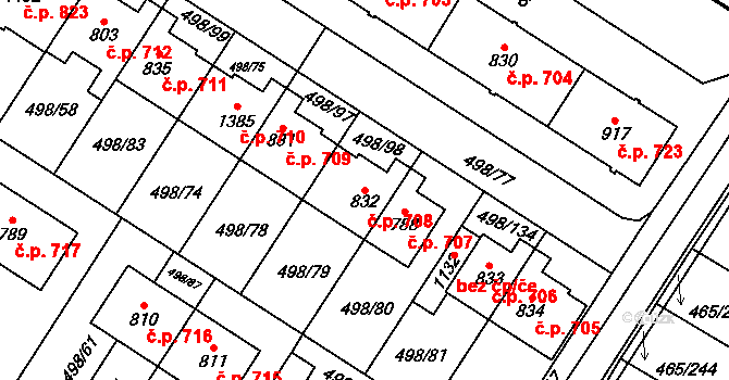 Přímětice 708, Znojmo na parcele st. 832 v KÚ Přímětice, Katastrální mapa