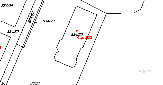 Zruč 422, Zruč-Senec na parcele st. 834/20 v KÚ Zruč, Katastrální mapa