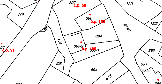 Děrné 100, Fulnek na parcele st. 395/2 v KÚ Děrné, Katastrální mapa