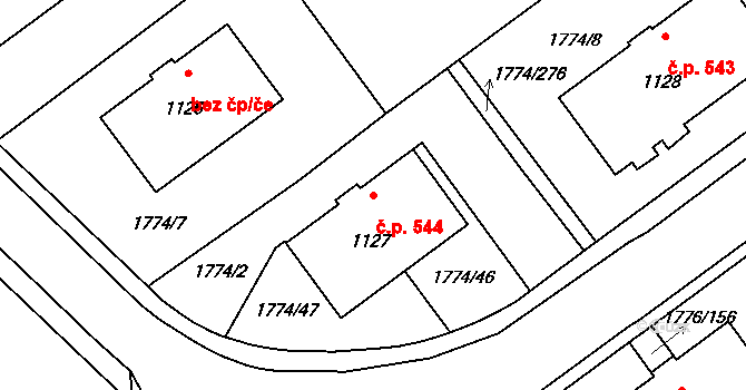 Mladá 544, Milovice na parcele st. 1127 v KÚ Milovice nad Labem, Katastrální mapa
