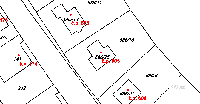 Krmelín 605 na parcele st. 686/25 v KÚ Krmelín, Katastrální mapa